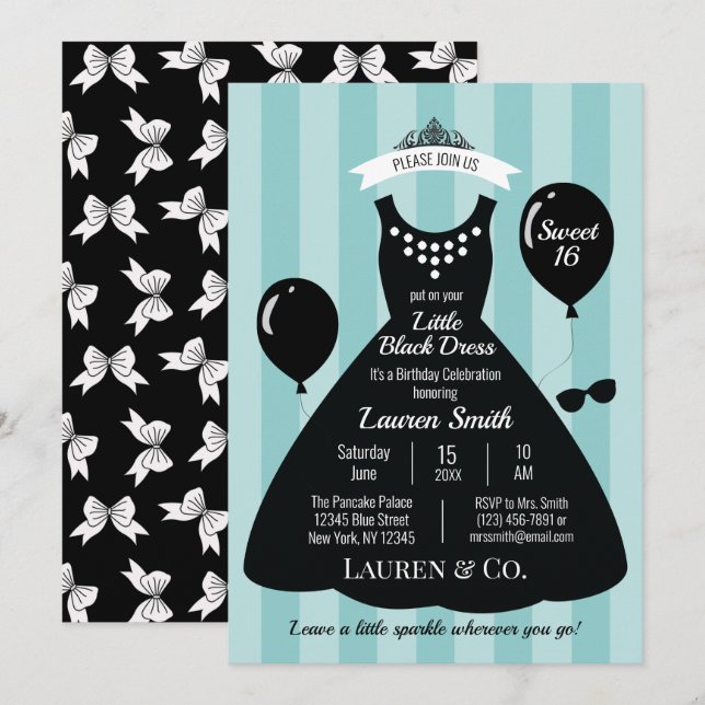 Invitation Petite robe noire Douce 16 Anniversaire (Devant / Derrière)