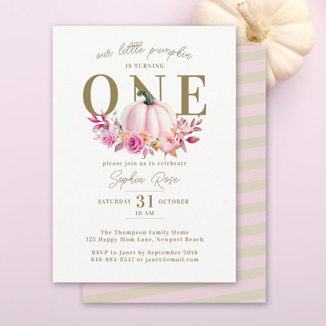 Invitation Petite rose Citrouille Roses 1er Anniversaire élég (little pumpkin turning one girl first birthday party invitation pink roses watercolor elegant boho)