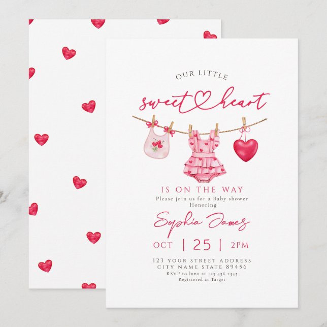 Invitation Petite Saint-Valentin Bébé Fille Shower (Devant / Derrière)