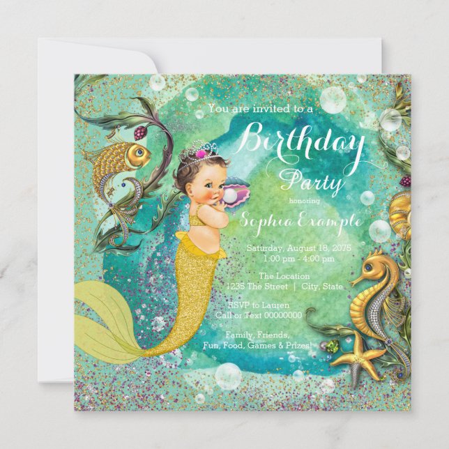 Invitation Petite Sirène Aqua Gold sous la fête d'anniversair (Devant)