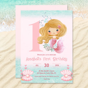 Invitation Petite sirène blonde rose 1er anniversaire Invitat