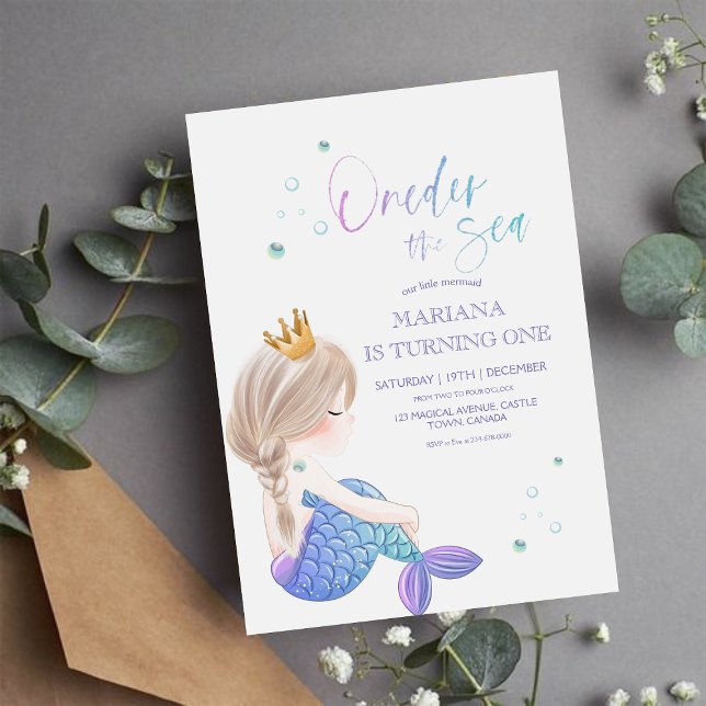 Invitation Petite Sirène Océan Eau Mer Fille 1er Anniversaire (Créateur téléchargé)