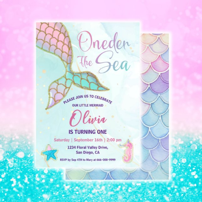 Invitation Petite Sirène ONE der The Sea 1er Anniversaire (Pink and gold Mermaid 1st Birthday Party Invitation)