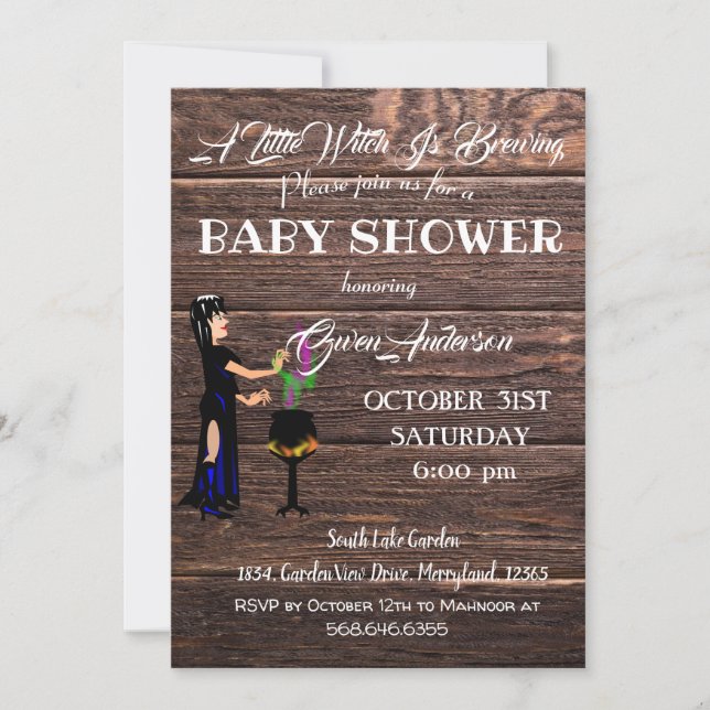 Invitation Petite sorcière Baby shower en bois rustique Brown (Devant)