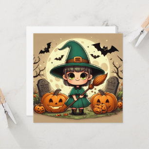 Invitation Petite sorcière kawaii avec citrouilles d'Hallowee
