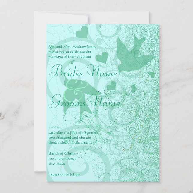 Invitation Petite taille peut changer Mint Blue Birds & Swirl (Devant)