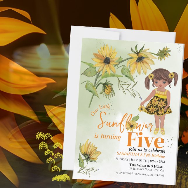 Invitation Petite Tournesol Aquarelle Cinquième Fille Anniver (Little Sunflower Watercolor Fifth Girl Birthday Invitation)