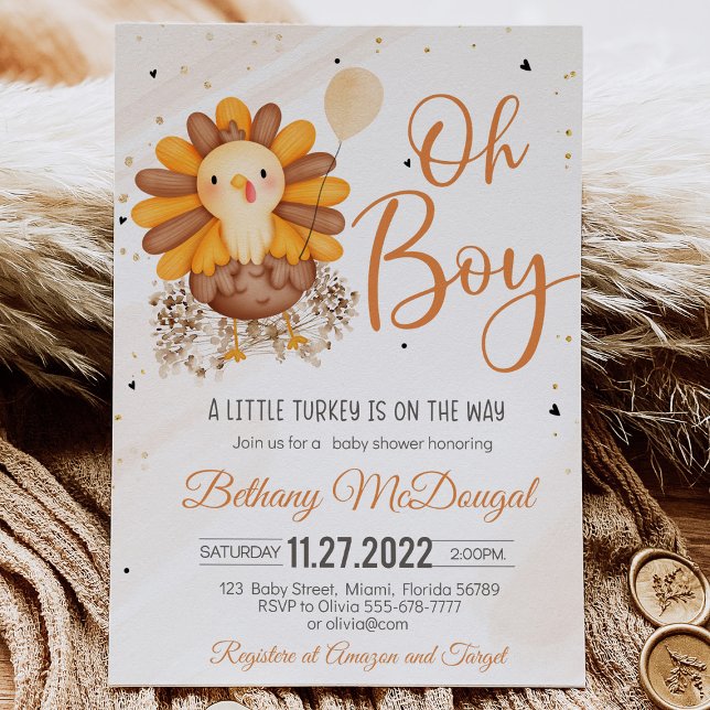 Invitation Petite Turquie En Route ! Baby shower de Thanksgiv (A Thanksgiving baby shower invitation with a cute turkey, pumpkins, and autumn leaves, featuring the)