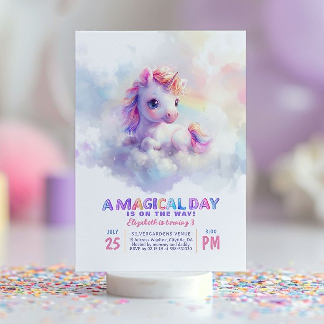 Invitation Petite Unicorne mignonne Pastel mauve Anniversaire (Purple Unicorn Birthday Invitations)