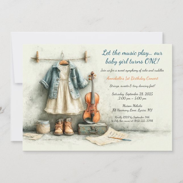 Invitation Petite violoniste – Fille de 1er anniversaire (Devant)