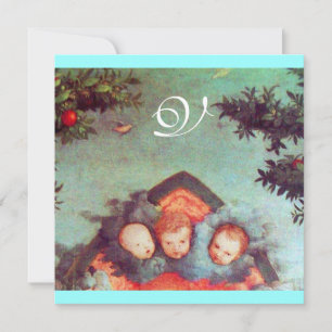 Invitation PETITES ANGELS MONOGRAMME bleu antique clair rouge