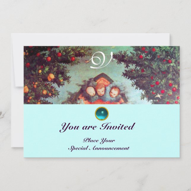 Invitation PETITES ANGELS MONOGRAMME bleu antique clair rouge (Devant)