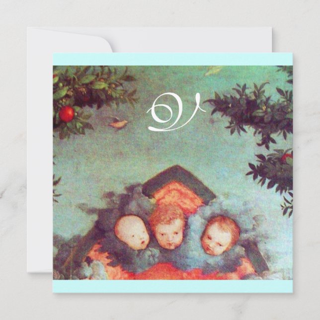 Invitation PETITES ANGELS MONOGRAMME bleu antique clair rouge (Devant)