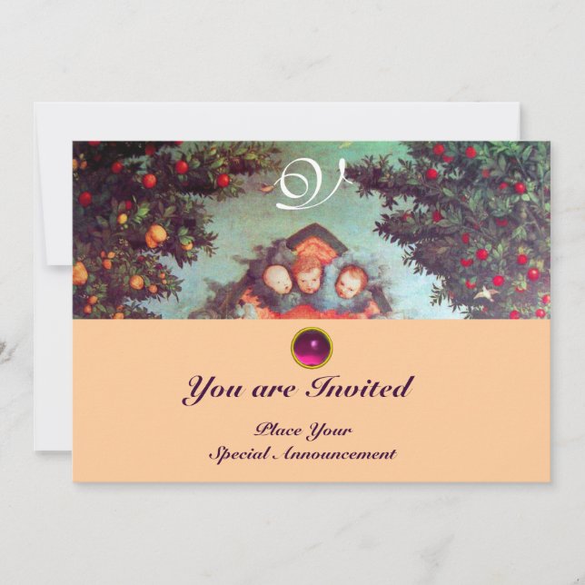 Invitation PETITES ANGES MONOGRAS d'antiquité bleu rose (Devant)