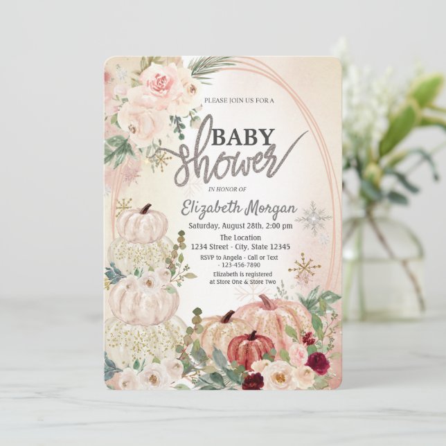 Invitation Petites citrouilles, roses, flocons de neige Baby  (Debout devant)