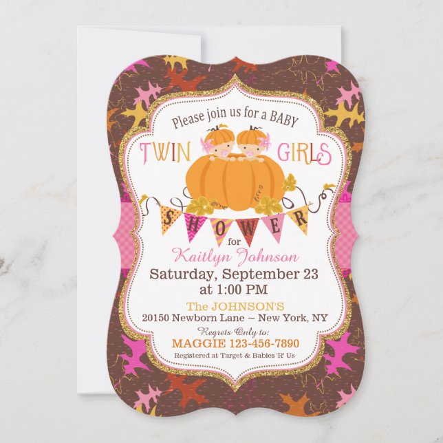 Invitation Petites Citrouilles Twin Girls Fall Feuilles Baby  (Devant)