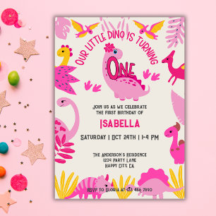 Invitation Petites filles dinosaures roses mignonnes 1er anni