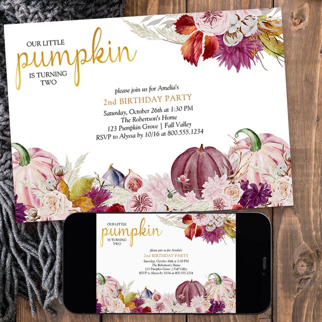 Invitation Petites filles florales rustiques Citrouilles Anni (Little Pumpkin girls birthday invitation with pink pumpkins from my Little Pumpkin collection)