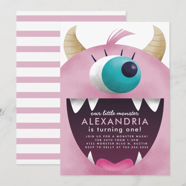 Invitation Petites filles Monster rose fête d'anniversaire (Devant / Derrière)