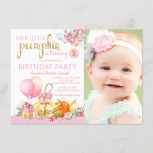 Invitation Petites filles Photo Citrouille Premier anniversai