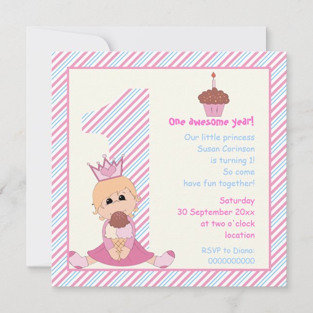 Invitation Petites filles princesses 1er anniversaire rose bl (Devant)