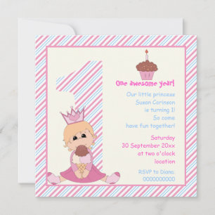 Invitation Petites filles princesses 1er anniversaire rose bl