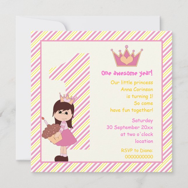 Invitation Petites filles princesses 1er anniversaire rose ja (Devant)