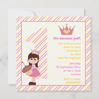 Invitation Petites filles princesses 1er anniversaire rose ja