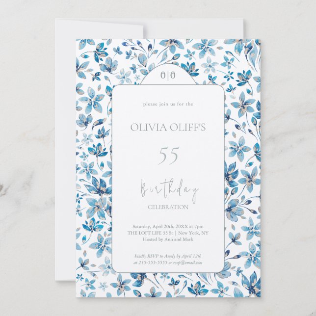Invitation Petites Fleurs Bleues Anniversaire N'importe quel  (Devant)