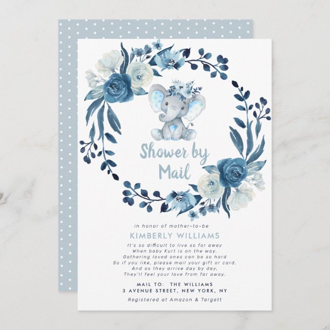 Invitation petites fleurs bleues d'éléphant baby shower par c (Devant / Derrière)