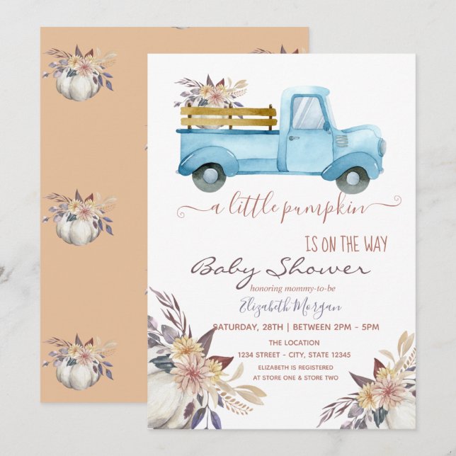 Invitation Petites fleurs de camions Citrouilles, Baby shower (Devant / Derrière)