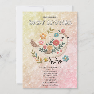 Invitation Petites fleurs Feuilles d'oiseaux Baby shower rose
