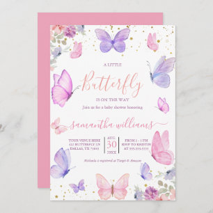 Invitation Petites fleurs papillons Baby shower rose violet
