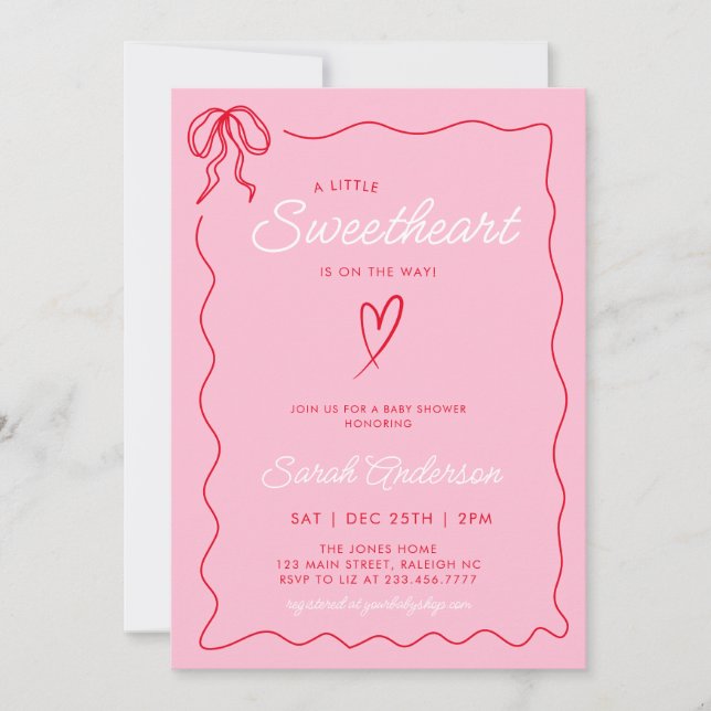 Invitation Petites Valentines adorables Baby shower rouge ros (Devant)