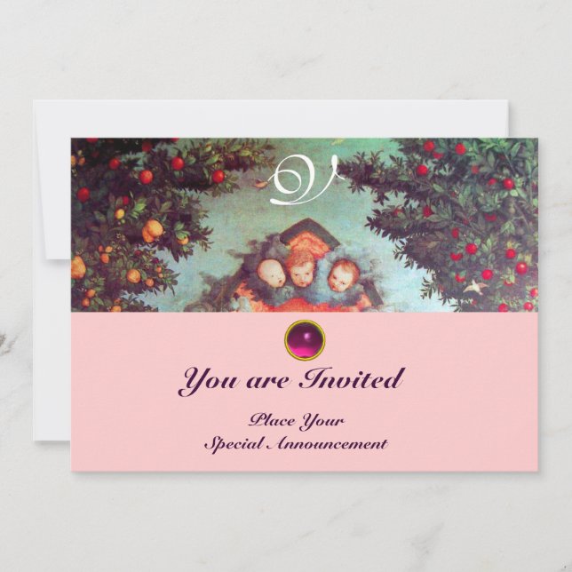 Invitation PETITS ANGES MONOGRAMME bleu antique rose vif (Devant)