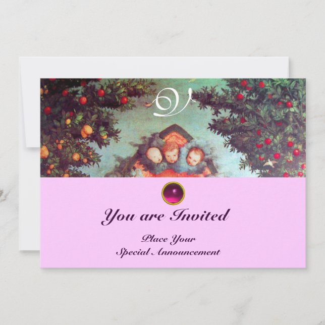 Invitation PETITS ANGES MONOGRAMME bleu antique rose vif (Devant)