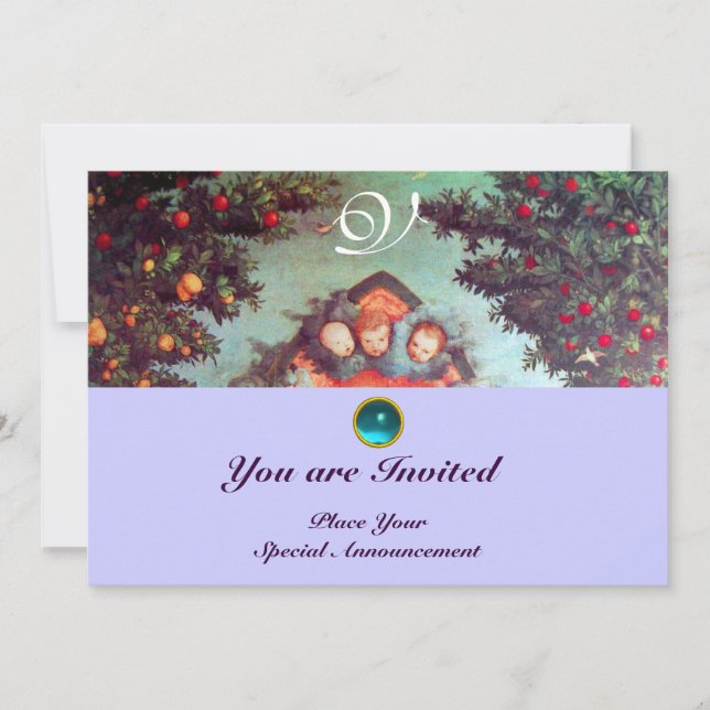 Invitation PETITS ANGES MONOGRAMME bleu antique rouge vif (Devant)