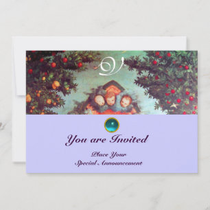 Invitation PETITS ANGES MONOGRAMME bleu antique rouge vif