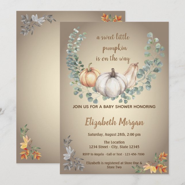 Invitation Petits citrouilles, Feuilles, Baby Shower d'automn (Devant / Derrière)