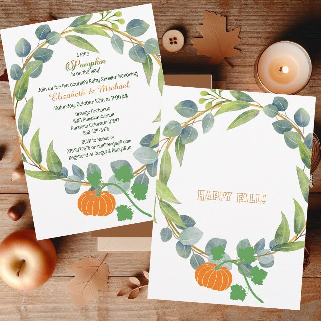 Invitation Petits Couples Citrouilles Baby shower Verdure Wre (A Little Pumpkin Couples Baby Shower Greenery Wreath Invitation)