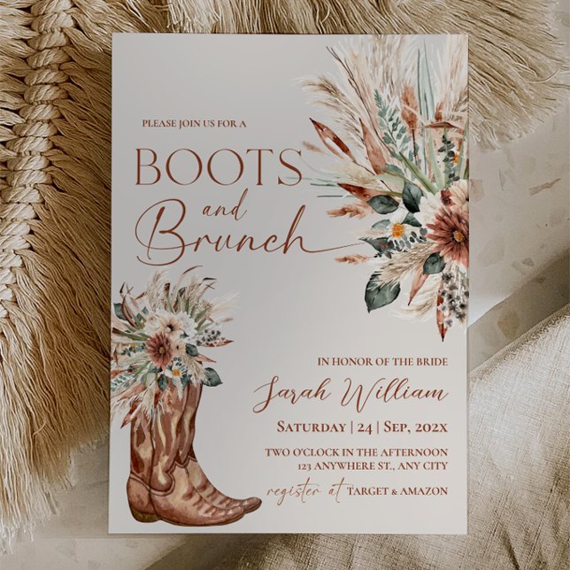 Invitation Petits déjeuners décontractés à l'occidentale Ente (Rustic Western Boots and Brunch Bridal Shower Invitation | Boho Terracotta Pampas Grass)