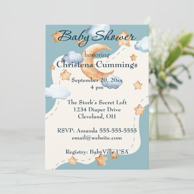 Invitation Petits Merveilles Céleste Baby Shower (Debout devant)