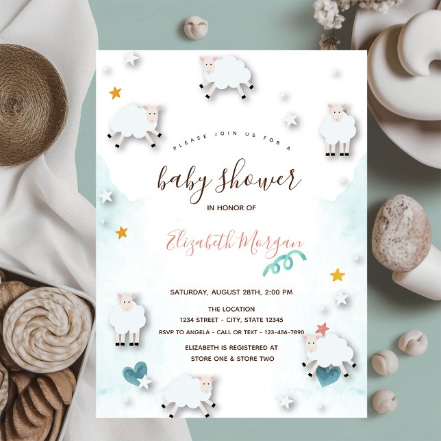 Invitation Petits moutons d'agneau Cloud Stars Baby shower (Créateur téléchargé)