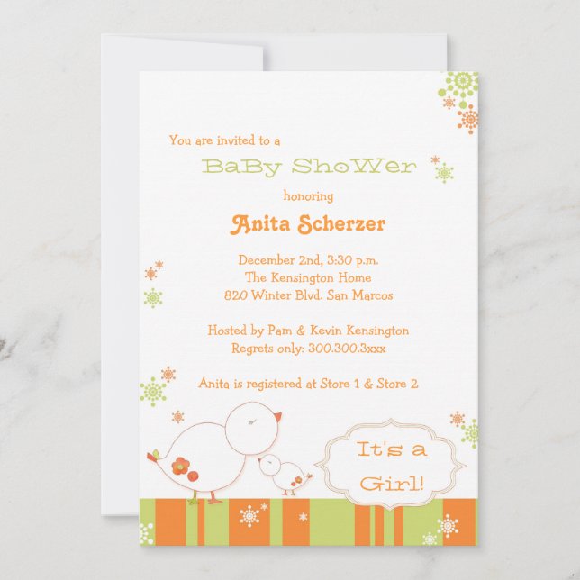 Invitation Petits oiseaux Baby shower de fille d'hiver (Devant)