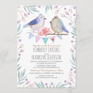 Invitation Petits oiseaux et Mariage d'arbre à fleurs roses