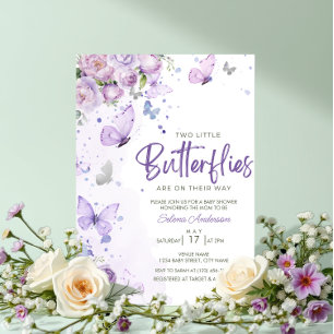 Invitation Petits papillons Violet Floral Twins Baby shower