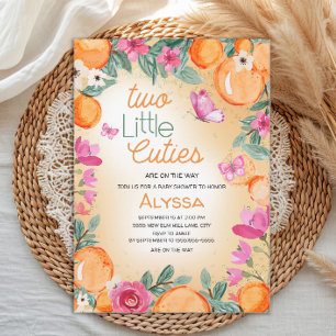 Invitation Petits trésors orange rose floral papillons jumeau