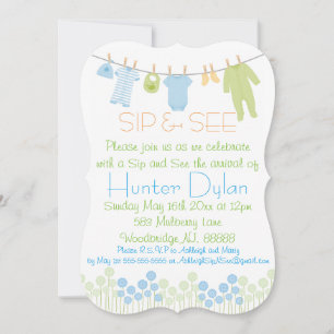 Invitation Petits vêtements bleus et verts Sip and See
