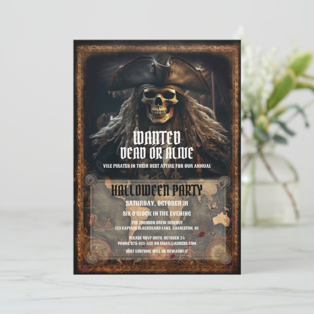 Invitation Peur Pirate Skull Black Halloween Party (Debout devant)