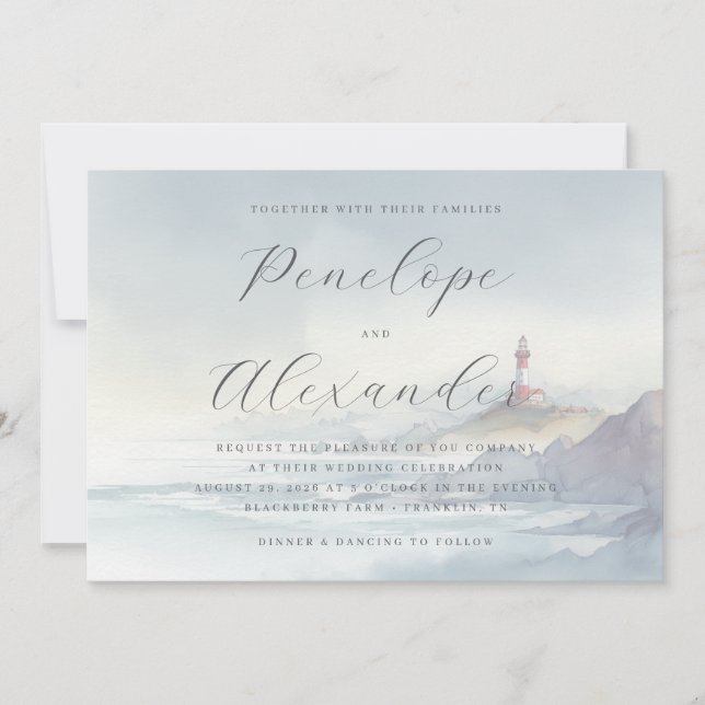 Invitation Phare à l'aquarelle bleu serein (Devant)